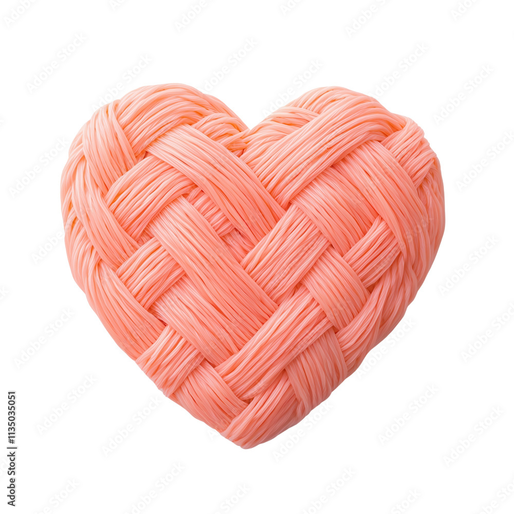 Poster a woven heart shape made from pink material, showcasing intricate patterns and a soft texture isolat