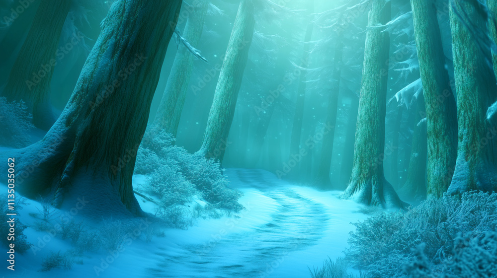 Poster snowy forest path illuminated by soft light