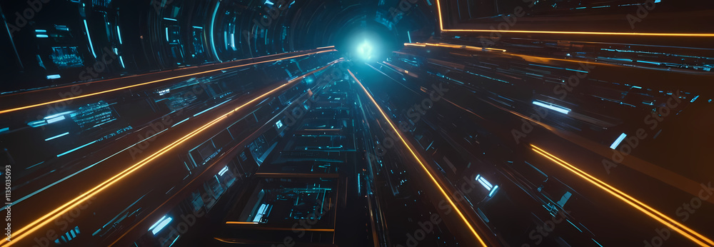 Poster digital tunnel: journey through cyberspace: a mesmerizing digital tunnel stretches into the distance