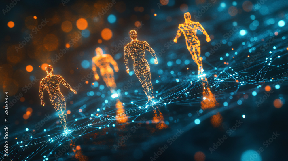 Poster a futuristic team collaboration icon linked to performance data, symbolizing online platforms for te