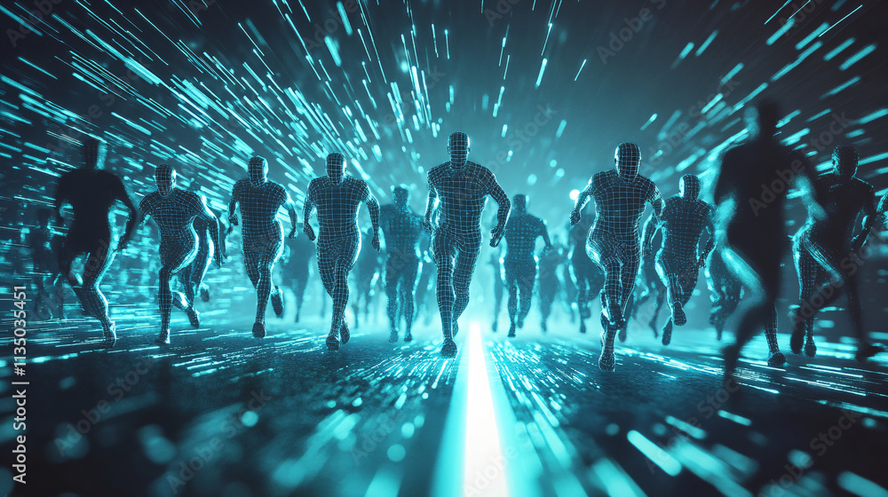 Poster a futuristic team collaboration icon linked to performance data, symbolizing online platforms for te