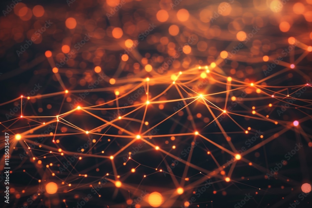 Poster an abstract depiction of glowing orange nodes connected by intricate lines against a dark backdrop, 
