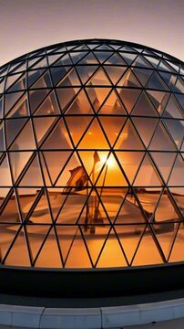 vertical 9:16 a hyper-modern dome structure in a desert environment, built with reflective glass and metallic panels, glowing softly under a sunset sky