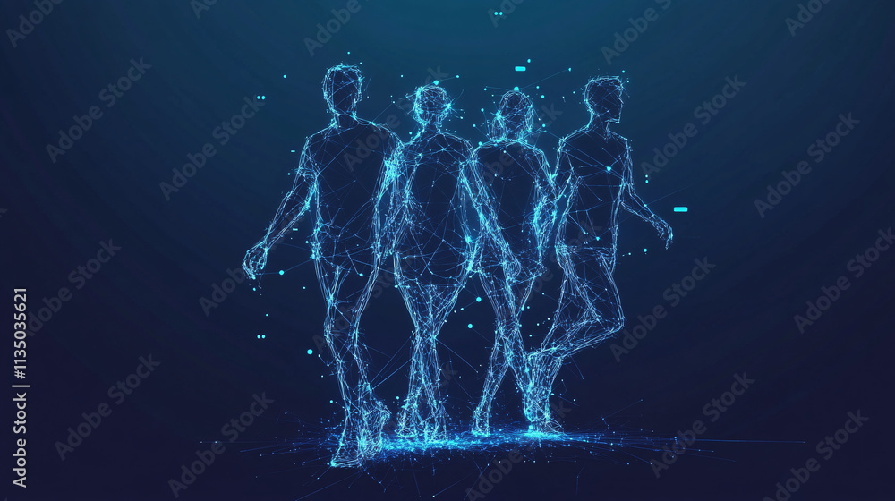 Poster a futuristic team collaboration icon linked to performance data, symbolizing online platforms for te