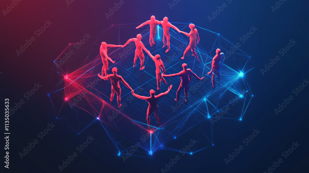 Poster a futuristic team collaboration icon linked to performance data, symbolizing online platforms for te