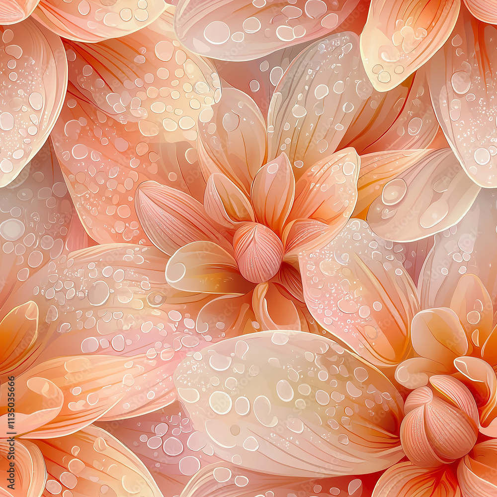 Poster a close-up of soft, peach-hued flowers with delicate petals and water droplets, creating a serene an