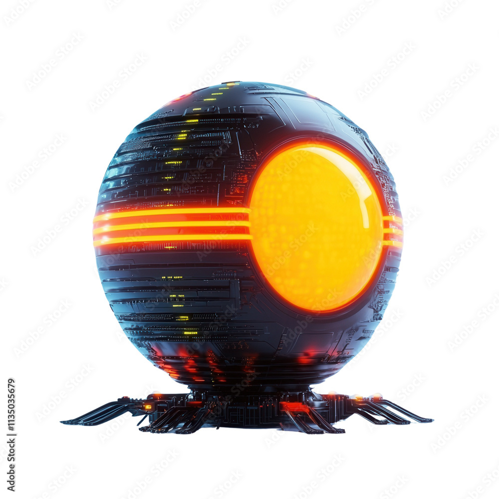Poster a futuristic orb with glowing elements and intricate patterns, radiating an intense orange light iso