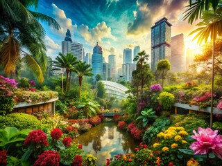 Fototapeta premium Lush Summer Tropical Urban Garden in Vibrant Double Exposure Photography Blending Nature and City Life for a Dreamy Aesthetic