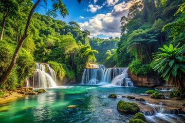 Obraz premium Lush Tropical Forest with Two Majestic Waterfalls Flowing into a Serene River, Capturing the Beauty of Nature in a Stunning Animation of a Vibrant Ecosystem