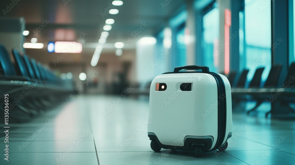 Poster a compact, smart suitcase rests in an empty airport hallway. featuring sleek edges and a modern desi
