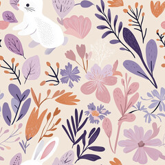 A whimsical illustration featuring a white bunny among colorful flowers and leaves, creating a playful and vibrant floral pattern.
