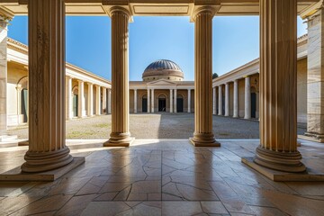 Fototapeta premium A serene courtyard displays tall stone columns surrounding a dome structure under a clear blue sky, highlighting classical architectural design and tranquility.