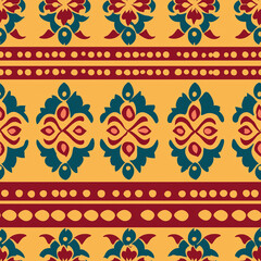 A vibrant, repeating pattern featuring floral motifs in red, teal, and yellow, perfect for textiles or wallpaper designs.