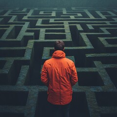 A man in an orange jacket standing inside a maze, looking for the way out, symbolizing the process of searching for solutions and overcoming challenges.
