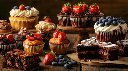A Delightful Bakery Poster Featuring Blueberry Muffins, Strawberry Cupcakes, Marble Cake, and Brownies Perfect for Attracting Sweet Tooth Customers