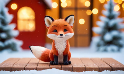 Fox in Winter Wonderland: A charming, cartoon-style red fox with a fluffy tail sits on a wooden plank in a snowy winter scene, with a cozy red house and twinkling lights in the background.