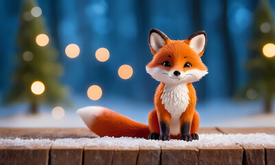 Fox in Winter Wonderland: A charming red fox figurine sits on a wooden surface in a snowy landscape, surrounded by twinkling lights. The warm glow of the lights casts a magical ambiance.