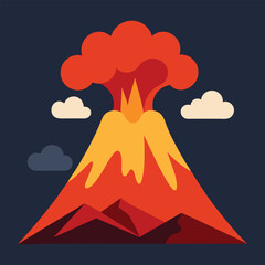 Vector Illustrate a flat design of a volcanic mountain erupting with vibrant lava and ash clouds rising into the sky. © jmdesigns608