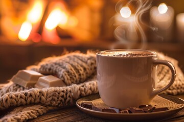 A warm mug filled with rich hot chocolate sits next to a glowing fireplace, surrounded by a cozy knitted blanket and pieces of chocolate on a wooden table.