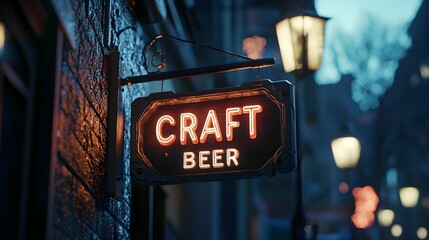 Bright neon craft beer sign lights up a cozy street at dusk in a bustling neighborhood