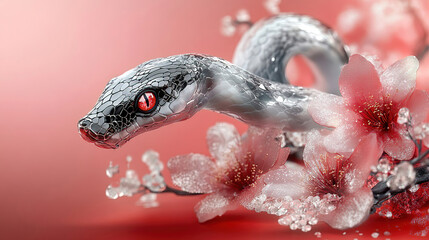 Obraz premium The Chinese New Year celebration is filled with red and gold decorations, and the snake is a significant symbol. Ornate Snake Design with Red Flowers on a Soft Backdrop