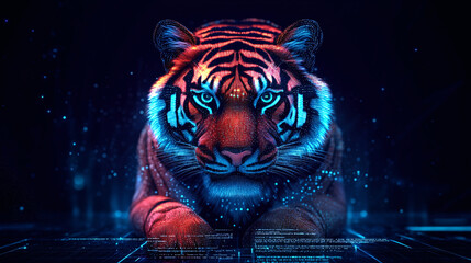 A futuristic tiger icon glowing with habitat preservation data, symbolizing online wildlife protection platforms, digital conservation tools, and educational resources. 