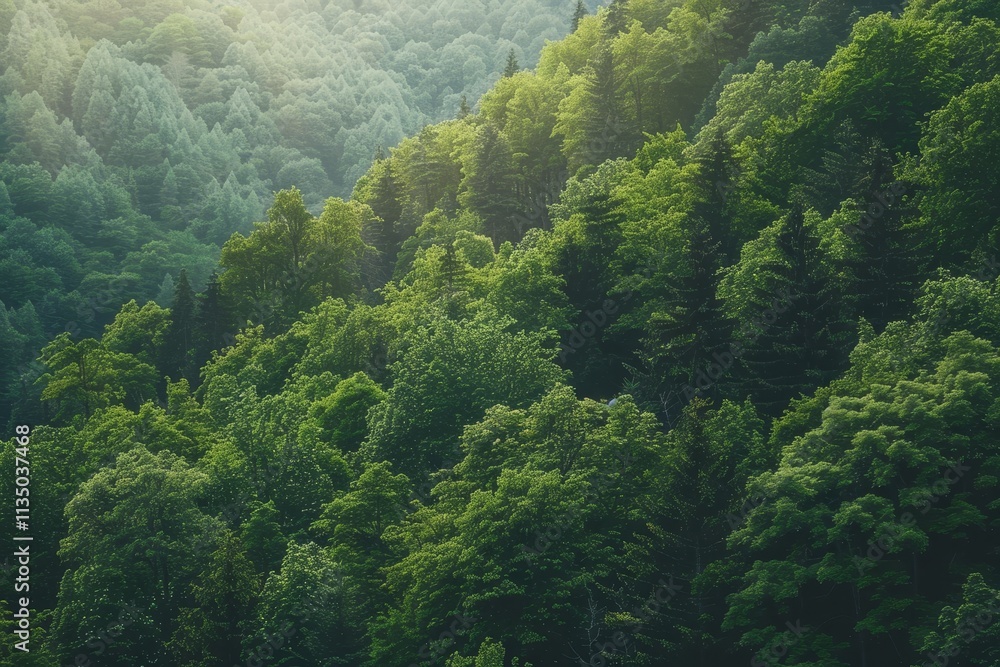 Poster a tranquil forest landscape reveals a dense array of green trees illuminated by soft morning light, 