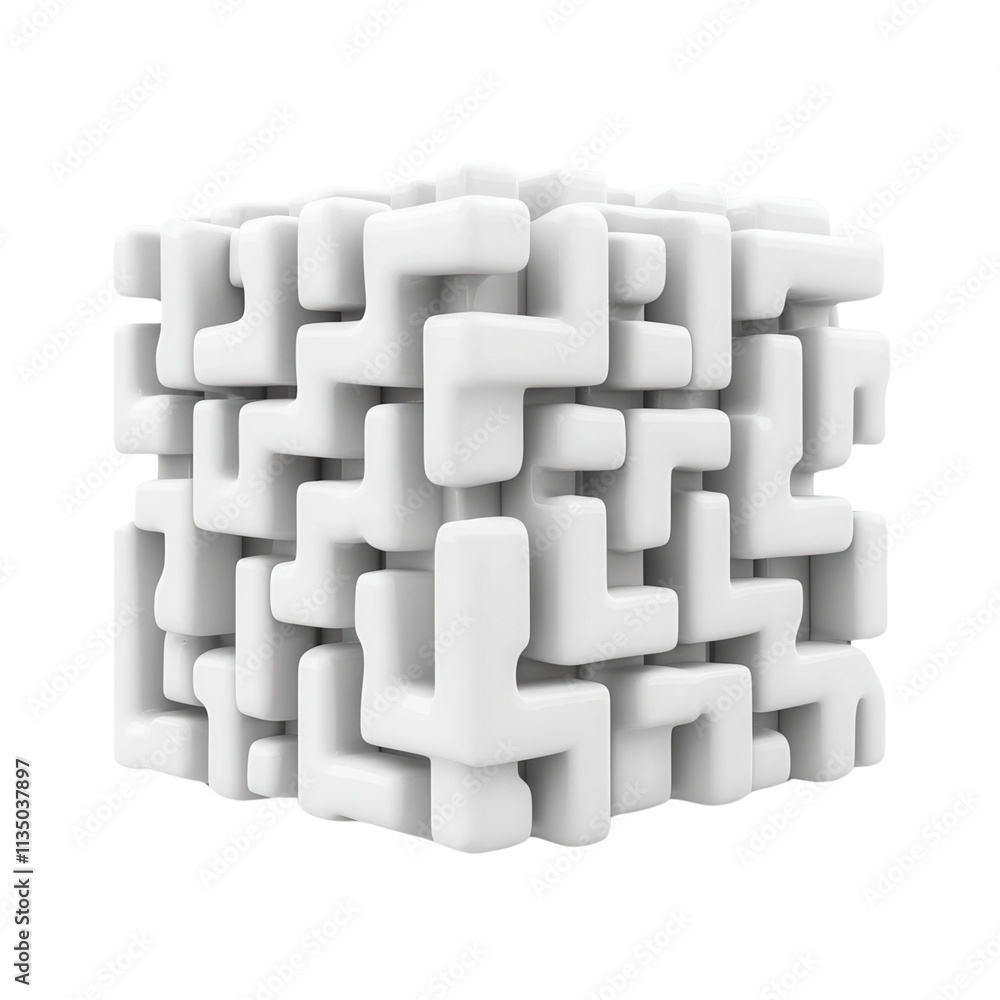 Poster a 3d geometric cube featuring intricate, interlocking patterns and a smooth, white surface isolated 