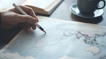 Man planning a trip using a world map