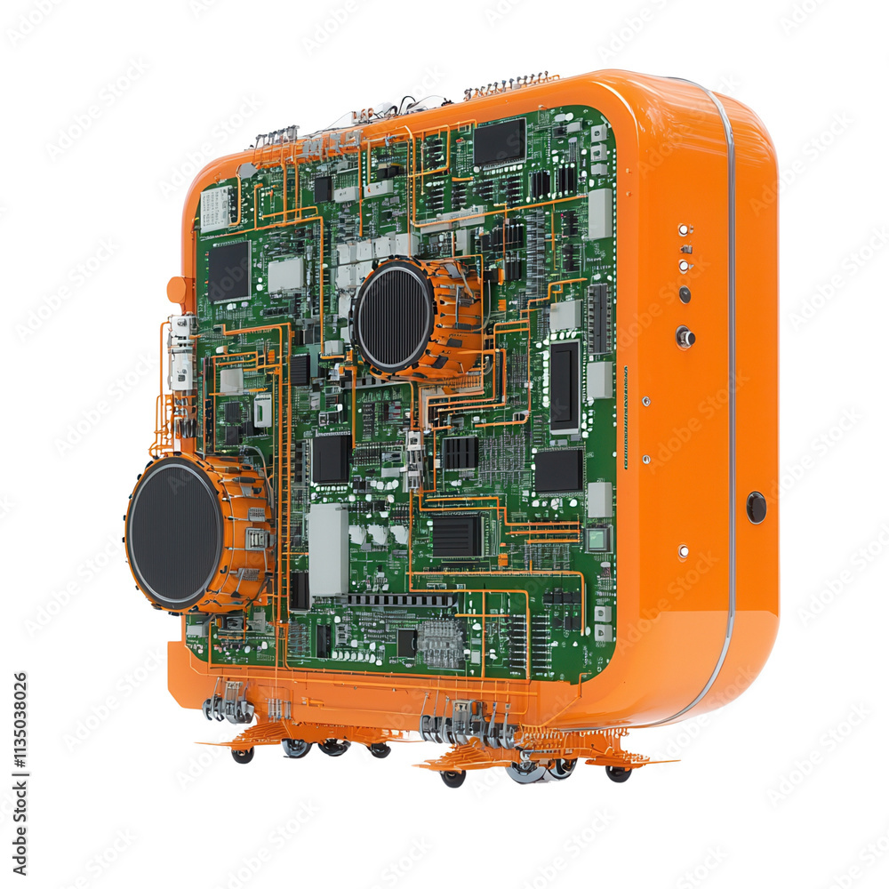 Poster a vibrant orange electronic device showcasing intricate circuit board details and components isolate