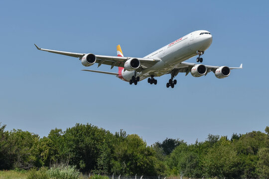 the huge Airbus A340-600 used by Spanish airline Iberia Lineas Aereas moments before landing flying over some trees, near Cordoba airport, Argentina, Jan. 21, 2018.