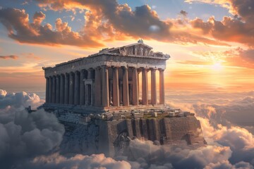 Obraz premium The Parthenon stands proudly atop a rocky outcrop in Athens, Greece, as a stunning sunset illuminates the sky with vibrant clouds and soft hues.