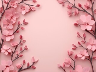 Fototapeta premium Delicate papercut cherry blossom branches framing a glowing Chinese New Year scene, origami Papercut, nature s blessing