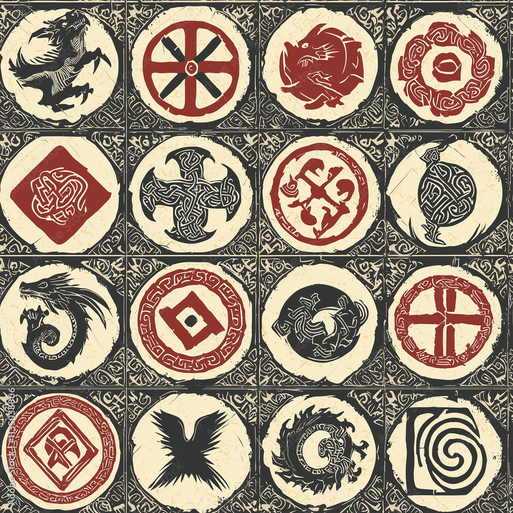Poster dynamic seamless pattern featuring mythical symbols artistic design vintage style textured backgroun