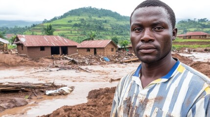 A striking close-up of a local resident standing amid the wreckage of a flash flood. Their resilient expression contrasts with the wet mud and ruined homes, illuminated by vibrant yet somber lighting.