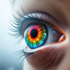 A close-up of a vibrant, colorful eye reflecting a spectrum of light, showcasing intricate details and unique beauty.