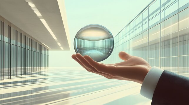 Hand Holding Orb Reflecting Modern Building Interior