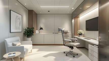 Modern Minimalist Executive Office with Neutral Tones and Ergonomic Furniture