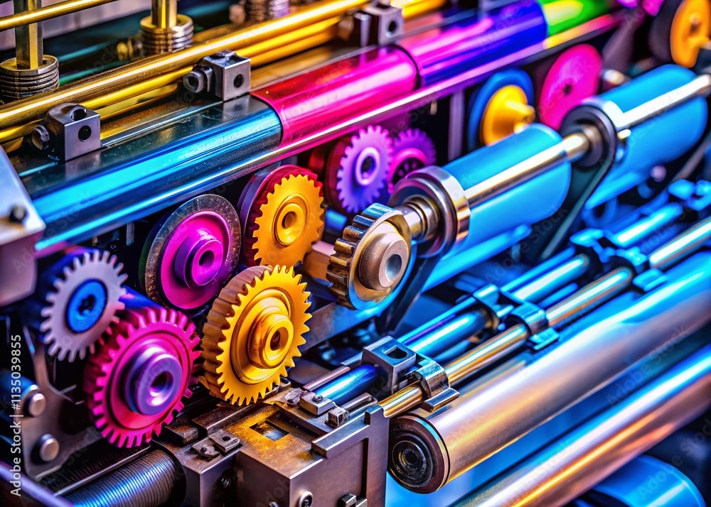 Poster macro photography of a large format printer's precision components, showcasing the intricate details