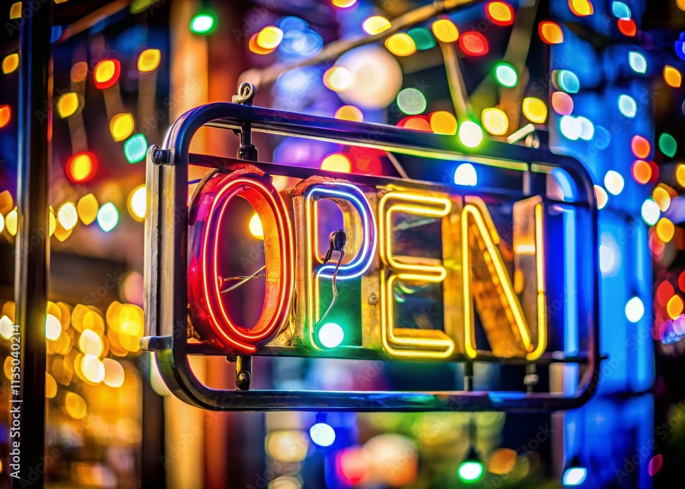 Poster macro photography of an illuminated open sign with a focus on unique textures and reflections, perfe