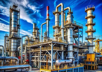 Macro Photography of an Extensive Oil and Gas Production Facility Showcasing Intricate Pipeline Structures and Towering Chimneys Amidst a Clear Sky for Industrial Insights