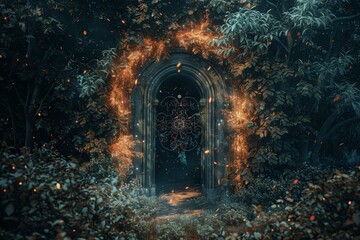 Obraz premium A beautifully adorned archway stands surrounded by luminous foliage in a twilight forest, inviting exploration with a soft, enchanting glow throughout the surroundings.