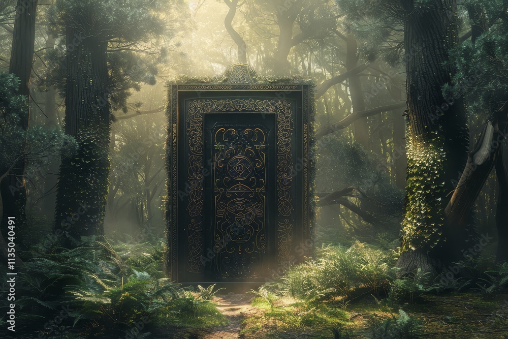 Poster the enchanting door, adorned with intricate designs, emerges from a vibrant forest, surrounded by fe