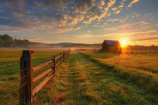 A beautiful rural scene unfolds as the sun rises, illuminating a misty field with lush grass, a rustic barn, and a wooden fence, creating a peaceful atmosphere.
