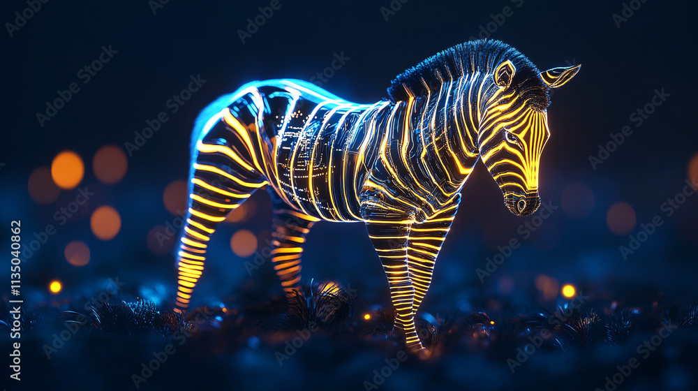 Poster a futuristic zebra icon glowing with stripe pattern data, symbolizing online wildlife observation pl