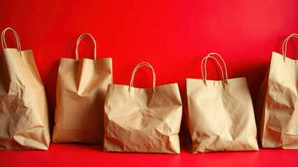Five Brown Paper Shopping Bags Lined Up Against a Vibrant Red Background