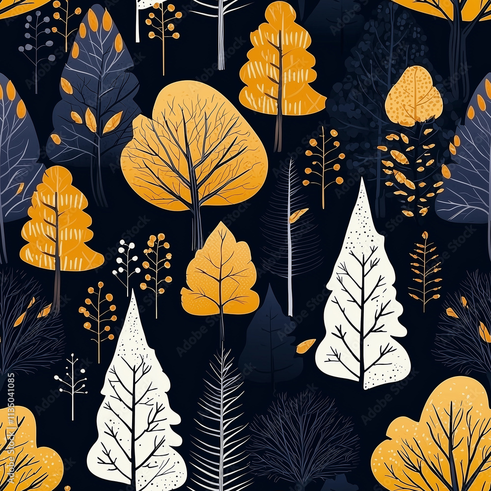 Poster seamless pattern of autumn trees nature scene digital design warm colors aesthetic viewpoint seamles