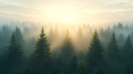 misty forest at dawn with sunlight filtering through the trees, creating a tranquil backdrop.