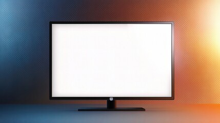Fototapeta premium Modern TV Mockup: A sleek black flat-screen television with a blank white screen, illuminated by warm and cool light for a dramatic and modern feel, perfect for showcasing your brand or design. 