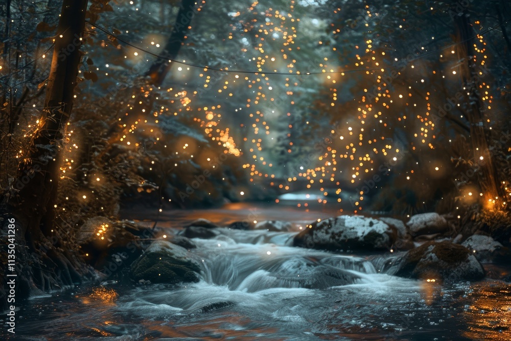 Poster a tranquil stream flows through a lush forest, adorned with shimmering fairy lights hanging from tre